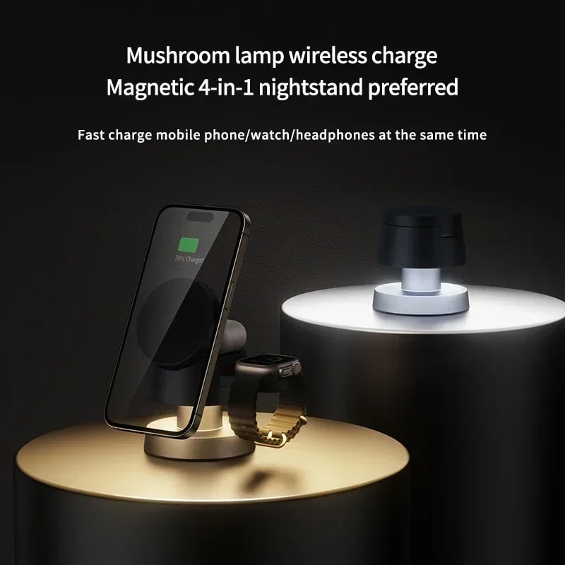 4-in-1 Magnetic Wireless Charger Stand with Mushroom Night Light – Fast Charging for iPhone , Apple Watch , AirPods Pro - TrendingTechPK