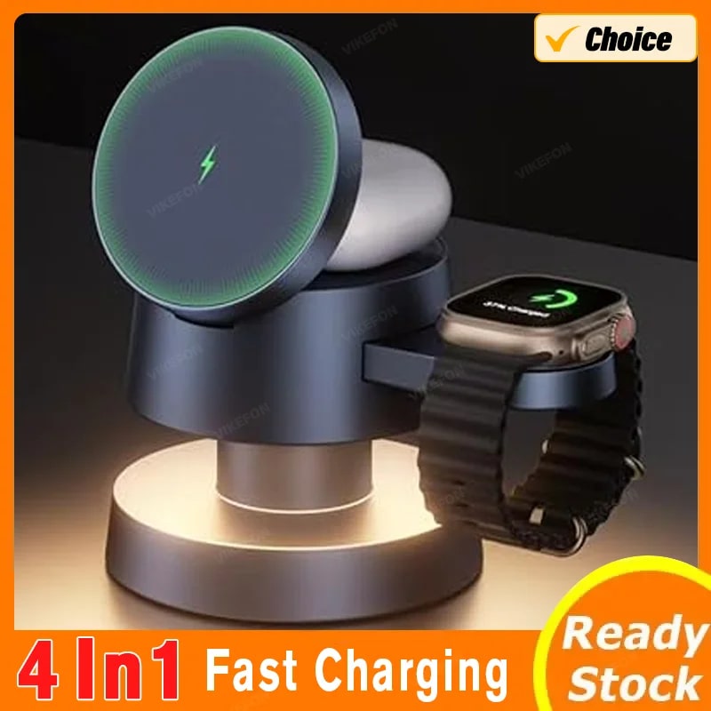 4-in-1 Magnetic Wireless Charger Stand with Mushroom Night Light – Fast Charging for iPhone , Apple Watch , AirPods Pro - TrendingTechPK