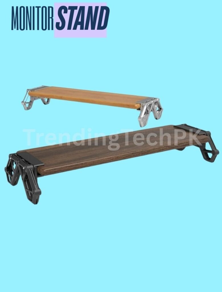 black and silver metal and wood stand for monitor