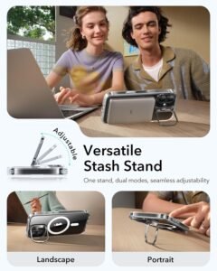 ESR Classic Hybrid Stash Stand clear case for iPhone 17 showing MagSafe magnets and zinc-alloy stand
